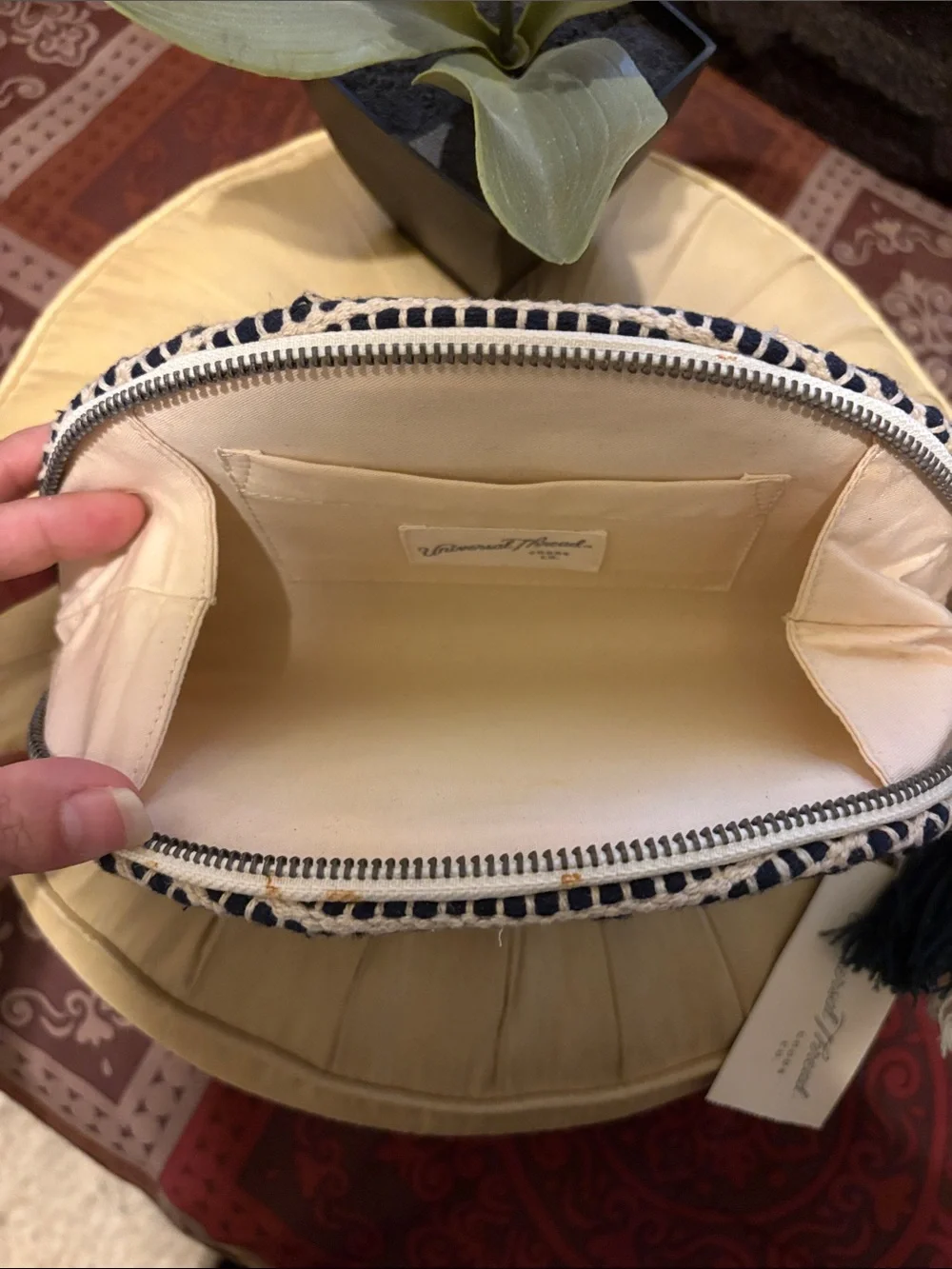NWT Universal Thread Navy and Tan Braided Woven Clutch with Tassel Accent